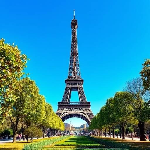La Tour Eiffel vue de Champ de Mars en plein jour, sous un ciel bleu clair.