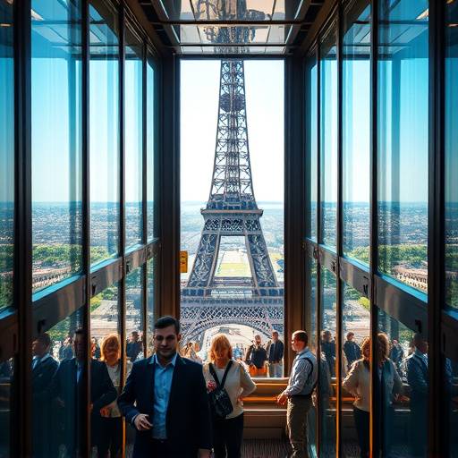 Un ascenseur montant vers le sommet de la Tour Eiffel avec des visiteurs à l'intérieur.