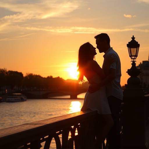 Un couple admirant le coucher de soleil sur la Seine depuis le Pont des Arts, symbole de romantisme à Paris.
