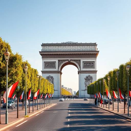 Vue de l'Arc de Triomphe depuis les Champs-Élysées avec des drapeaux franäais flottant.