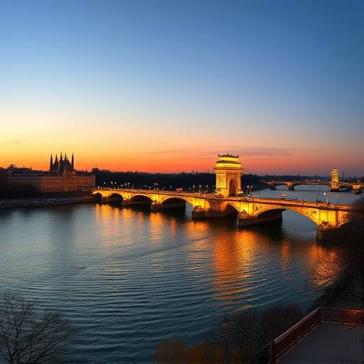 Vue panoramique de la Seine avec le Pont Alexandre III au premier plan, illuminé au coucher du soleil.